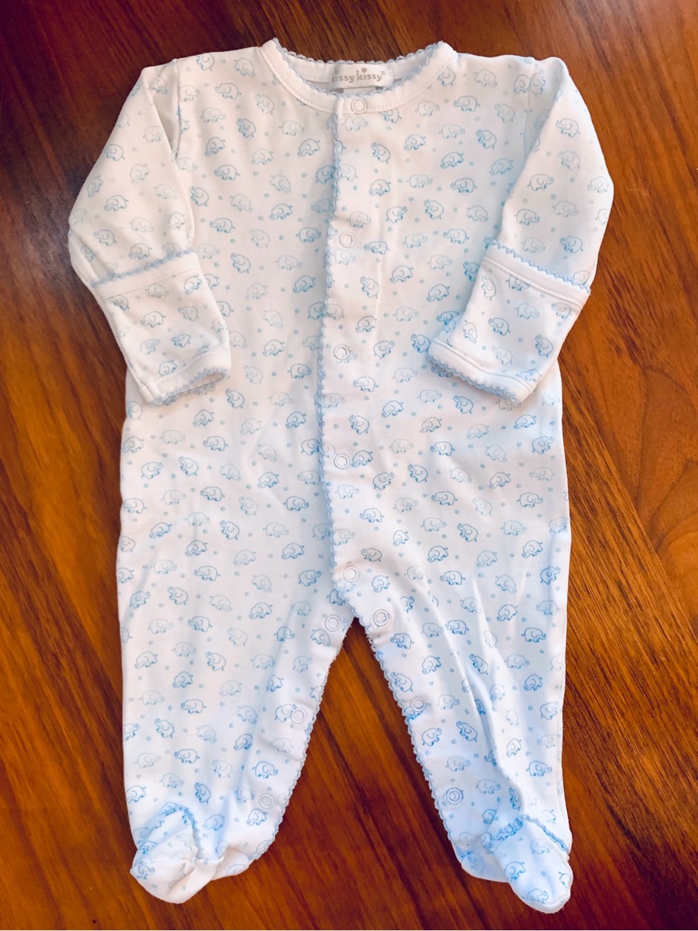 Kissy Kissy Baby Size 0-3M Elephant Print Footed Pajamas White Pima Cotton
